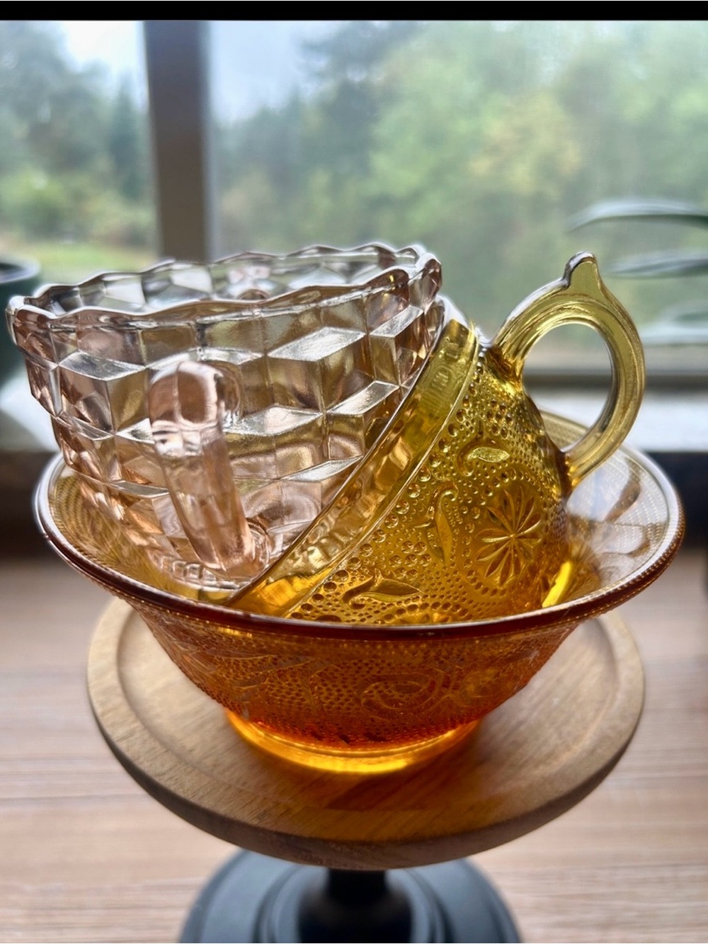 Amber Indiana Glass Daisy Pattern Tea Cup Bowl Pink Depression Glass Sugar Bowl